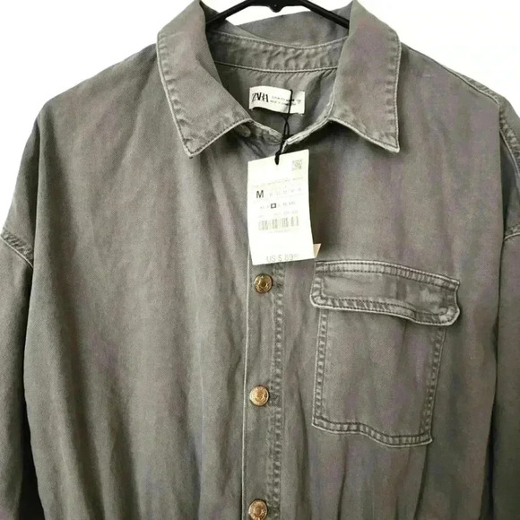 NWT ZARA LONG DENIM Cargo utility JUMPSUIT Gray button zip - Picture 5 of 6